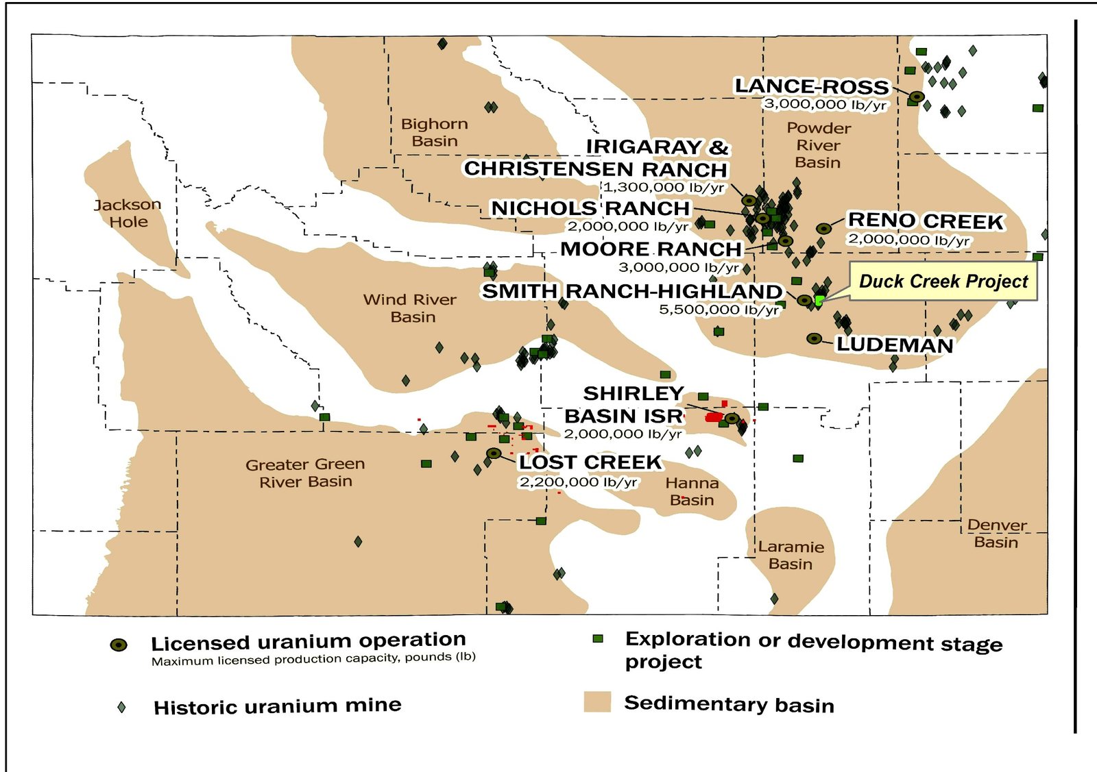 Powder River Basin map showing licensed uranium operations and historic mines