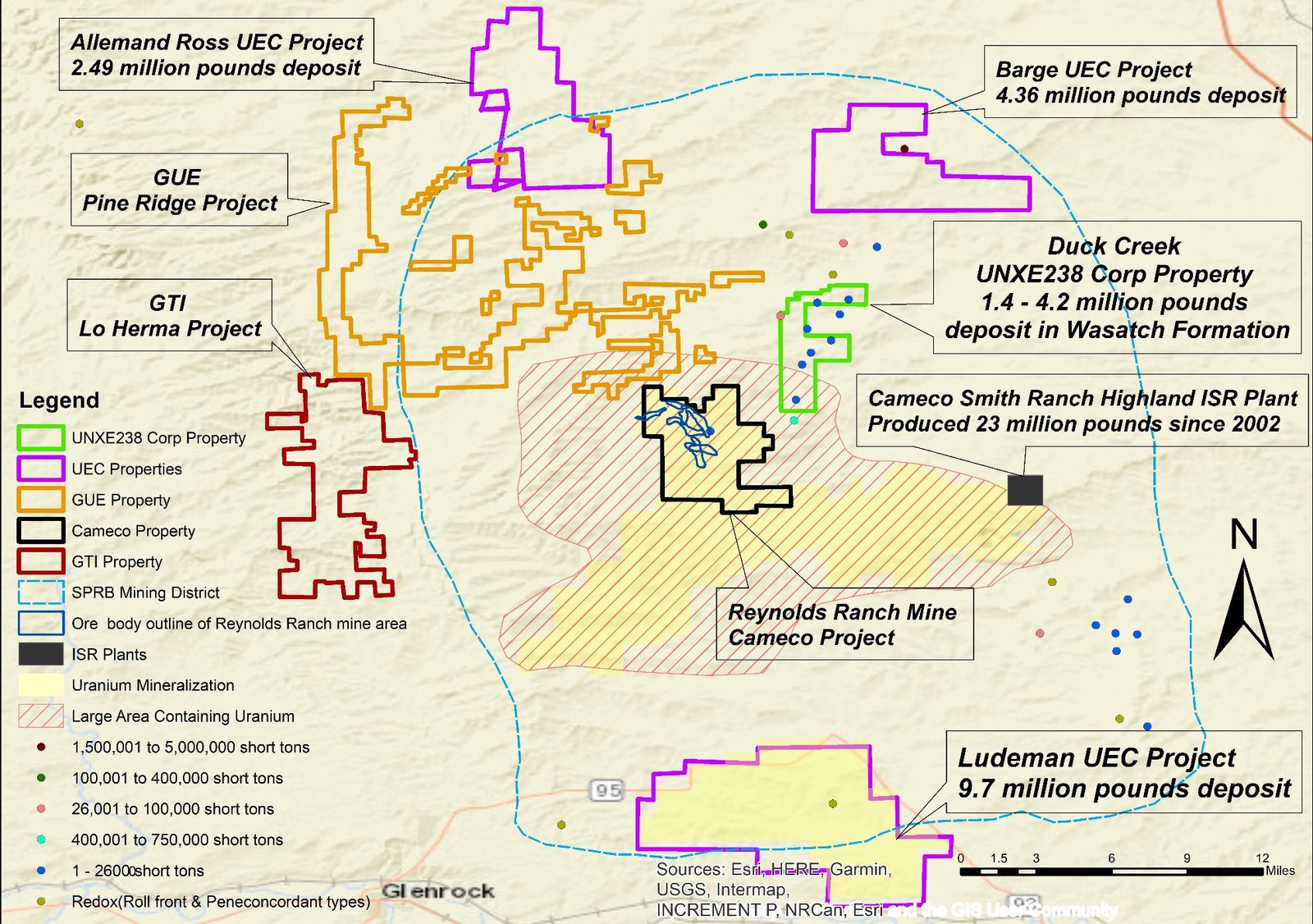 Map of Duck Creek project, surrounding deposits and historical mines