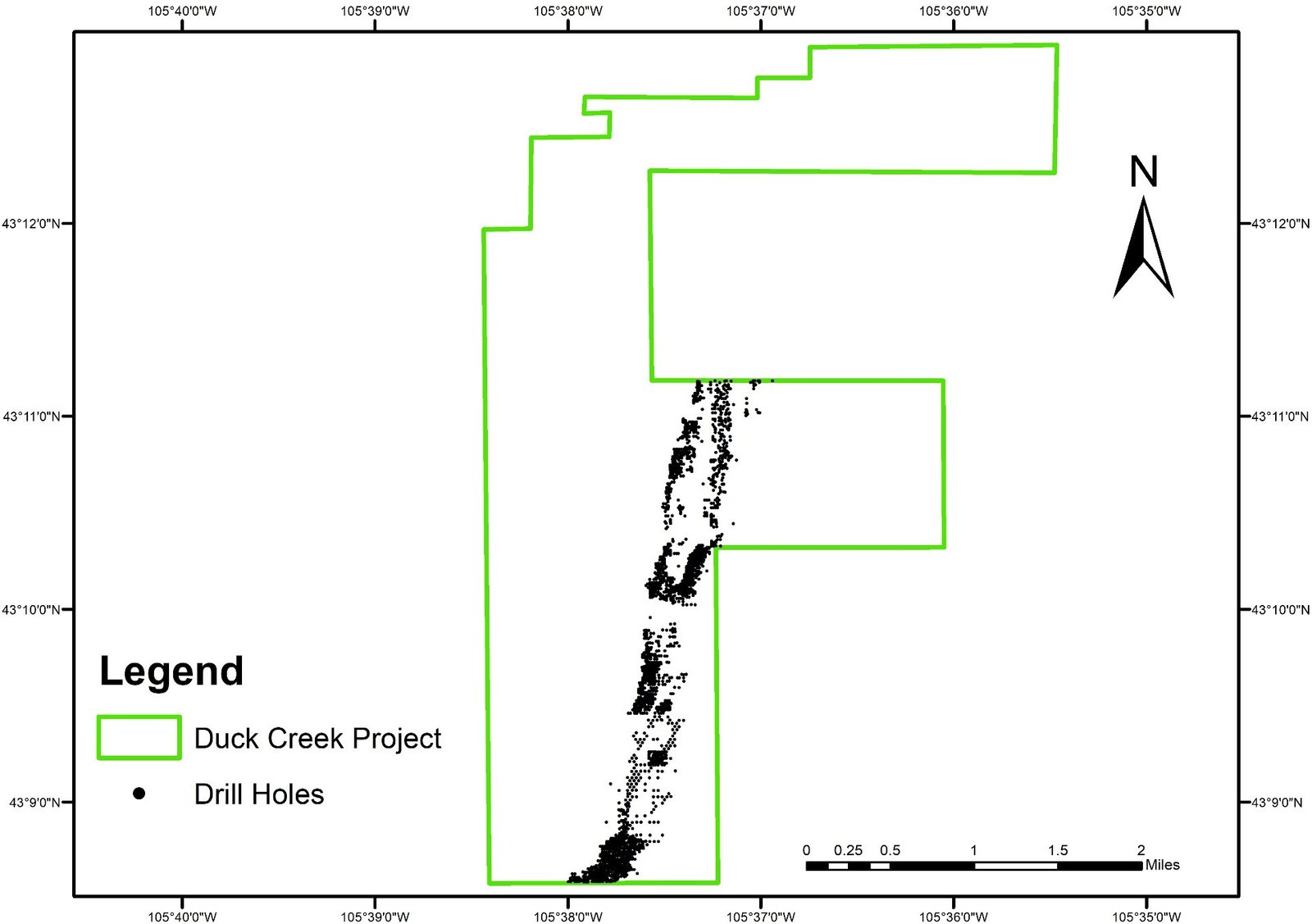 Map of drill holes within the Duck Creek project boundary