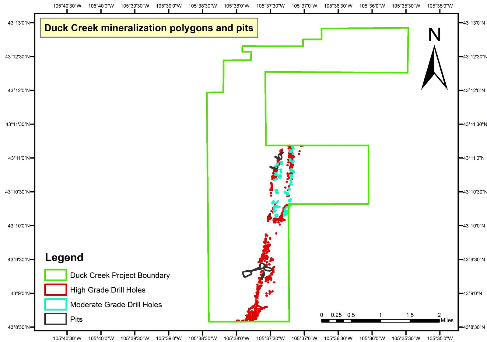 Map showing mineralized polygons and drill hole grades