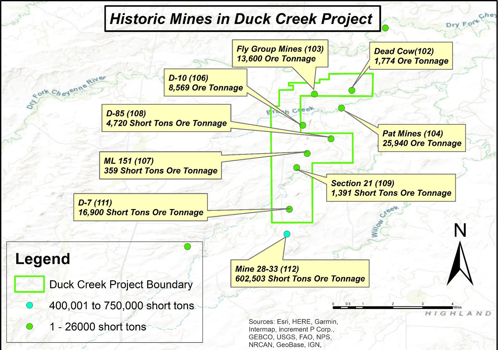 Map of historic mines within Duck Creek project boundary